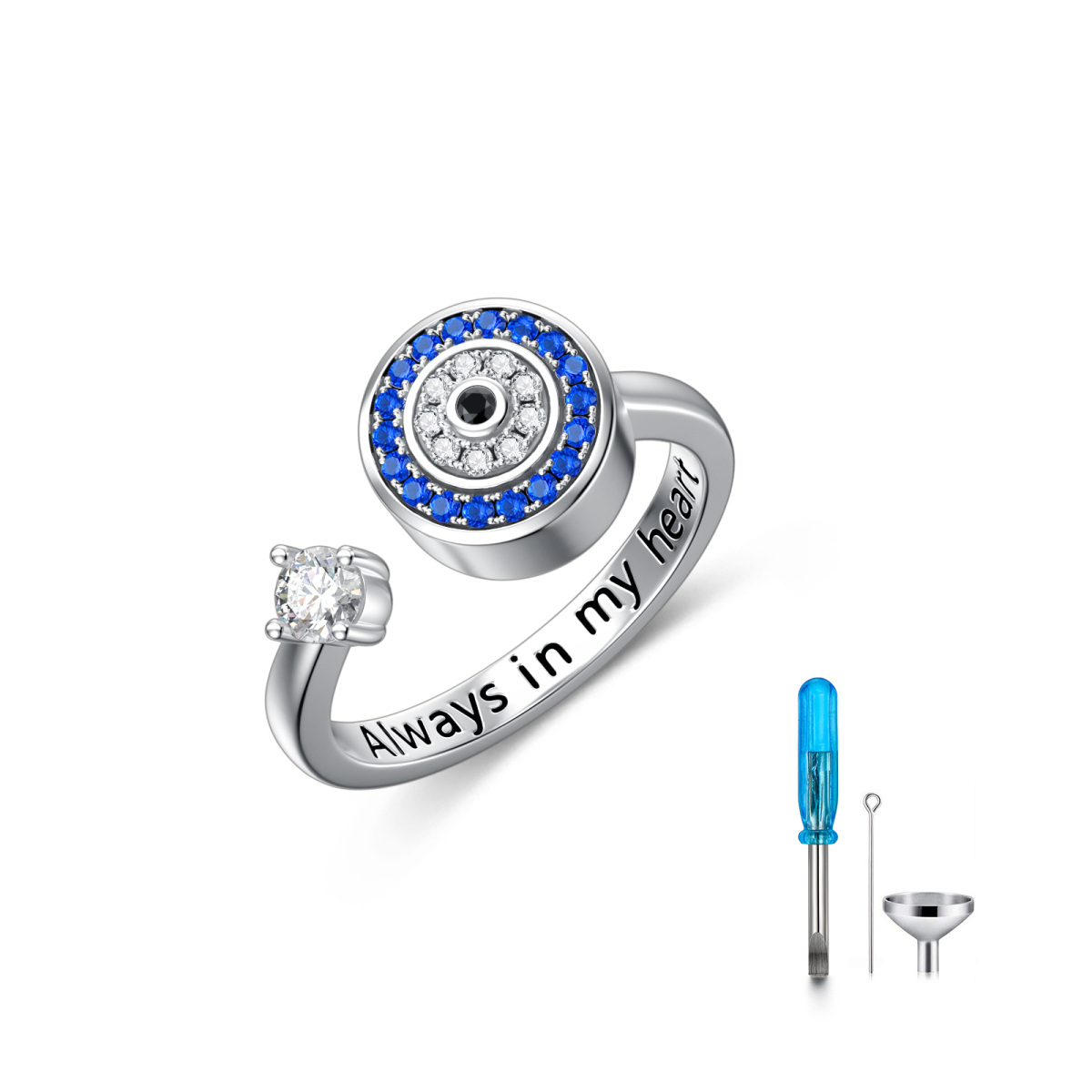 Sterling Silver Circular Shaped Cubic Zirconia Evil Eye Open Ring with Engraved Word-1