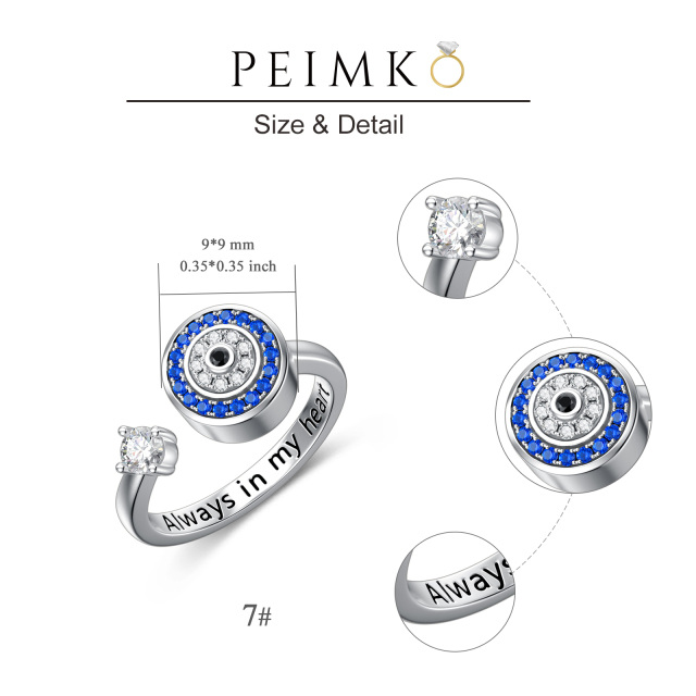 Sterling Silver Circular Shaped Cubic Zirconia Evil Eye Open Ring with Engraved Word-4