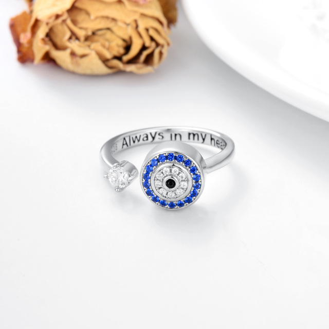 Sterling Silver Circular Shaped Cubic Zirconia Evil Eye Open Ring with Engraved Word-2