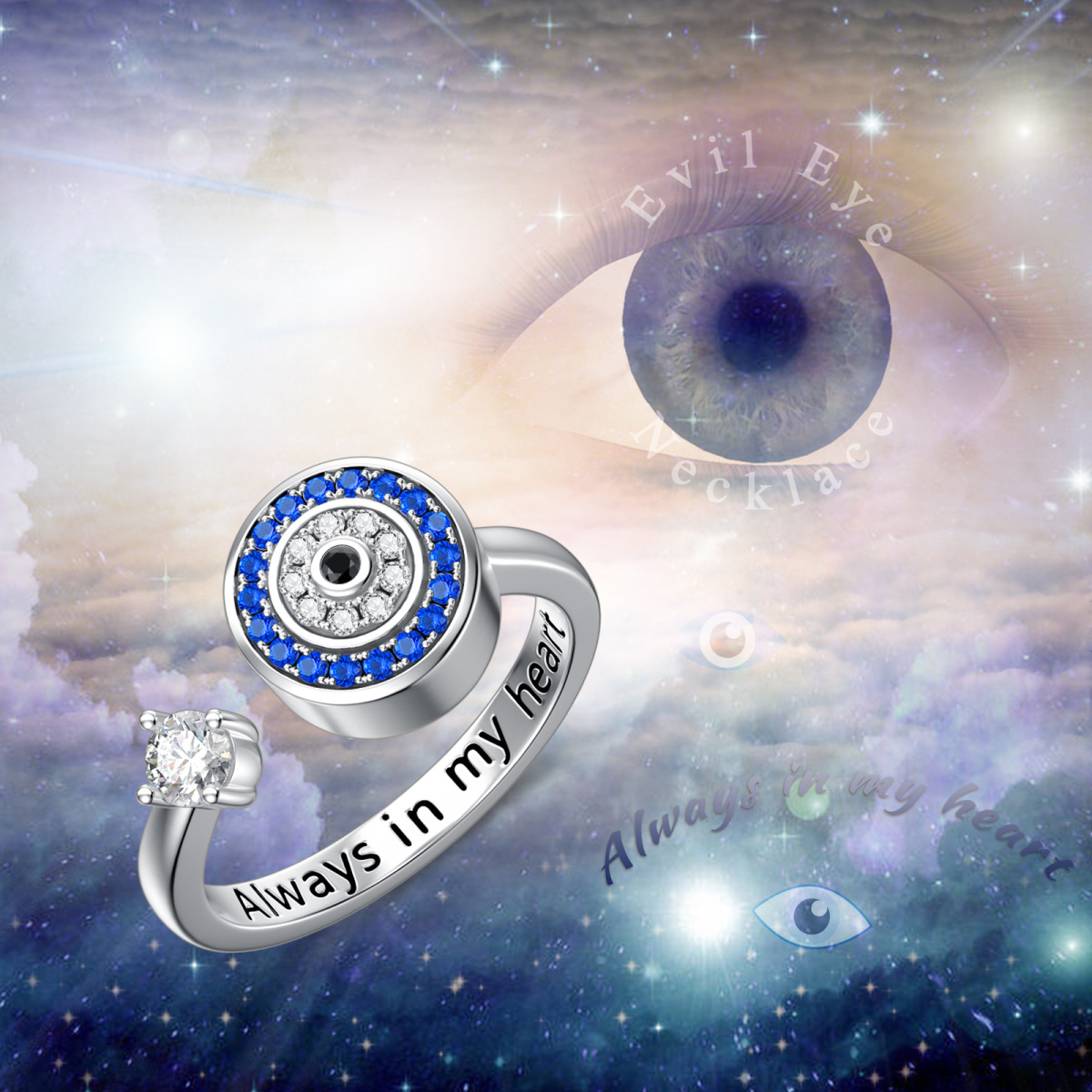 Sterling Silver Circular Shaped Cubic Zirconia Evil Eye Open Ring with Engraved Word-6