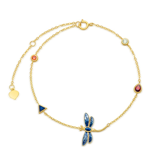 14K Solid Gold Blue Dragonfly Bracelet With Colorful Cubic Zirconia For Women