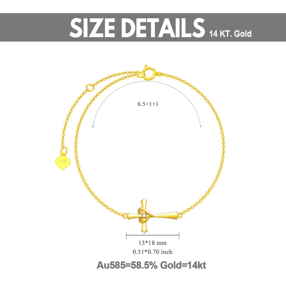14K Gold Circular Shaped Cubic Zirconia Cross & Heart Pendant Bracelet-5