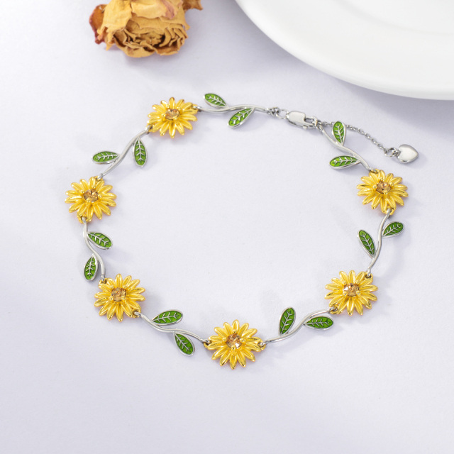 Sterling Silver Two-tone Sunflower Branch Pendant Bracelet-3