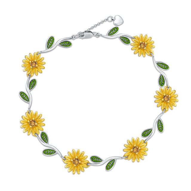 Sterling Silver Two-tone Sunflower Branch Pendant Bracelet-0