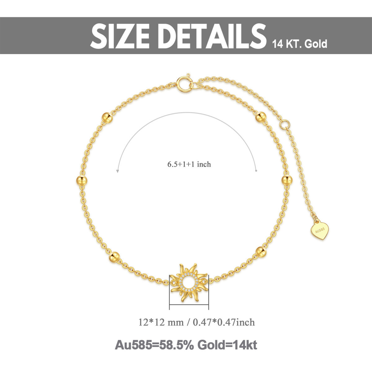 14K Gold Cubic Zirconia Bead & Sun Pendant Bracelet-5