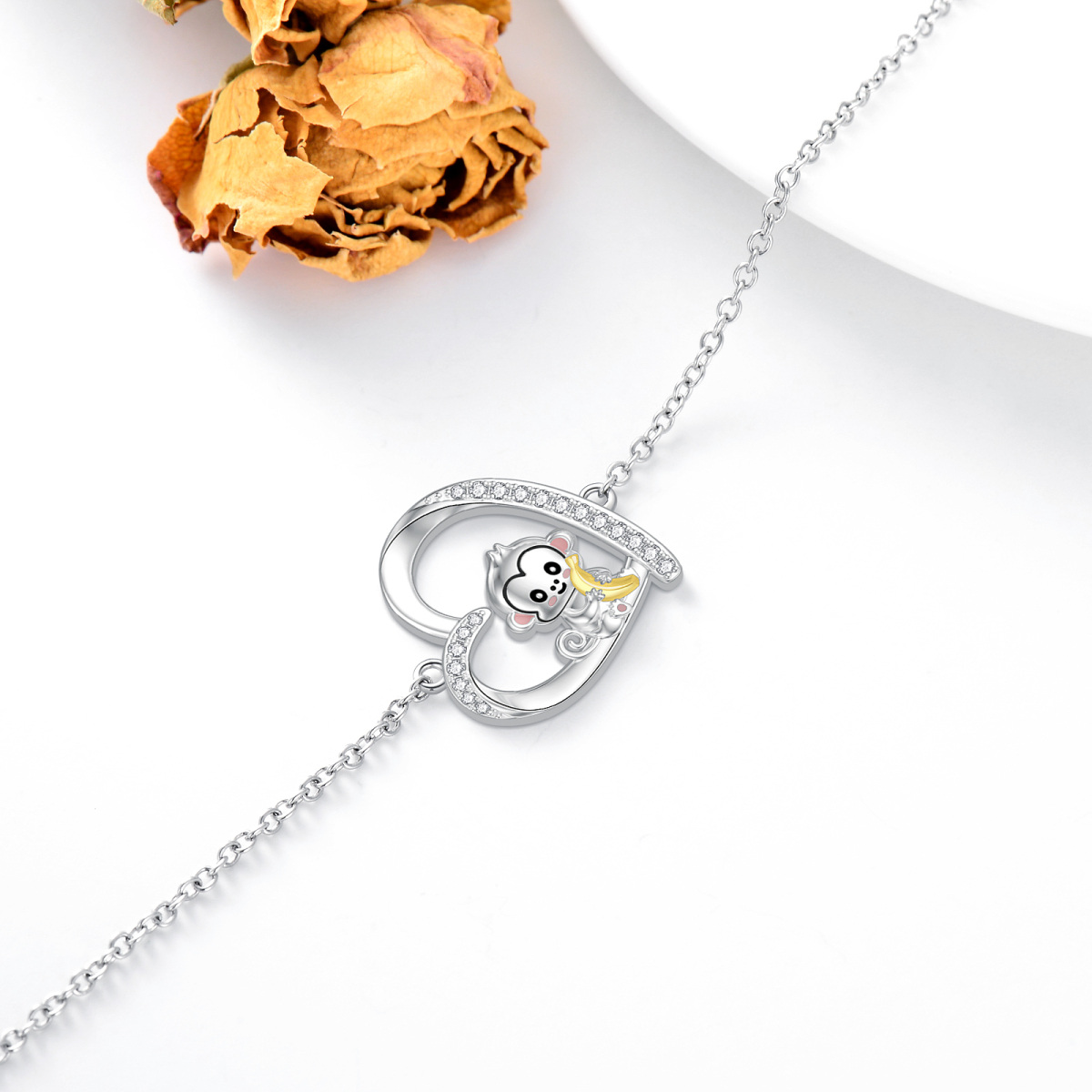 Sterling Silver Two-tone Circular Shaped Cubic Zirconia Monkey & Heart Pendant Bracelet-5