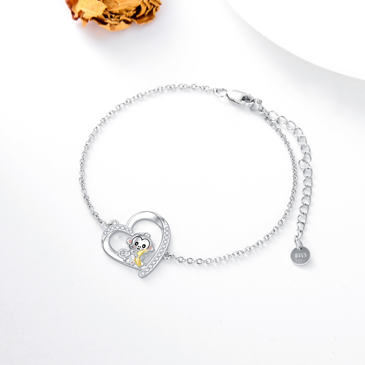 Sterling Silver Two-tone Circular Shaped Cubic Zirconia Monkey & Heart Pendant Bracelet-4