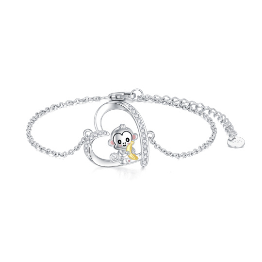 Sterling Silver Two-tone Circular Shaped Cubic Zirconia Monkey & Heart Pendant Bracelet