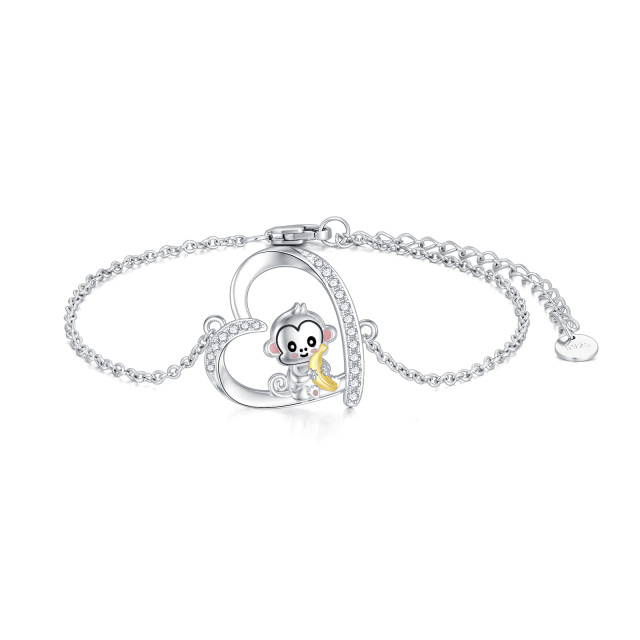 Sterling Silver Two-tone Circular Shaped Cubic Zirconia Monkey & Heart Pendant Bracelet-4