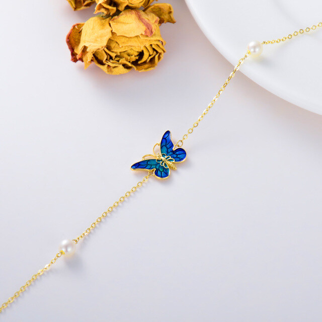 14K Gold Pearl Blue Butterfly Pendant Bracelet-3