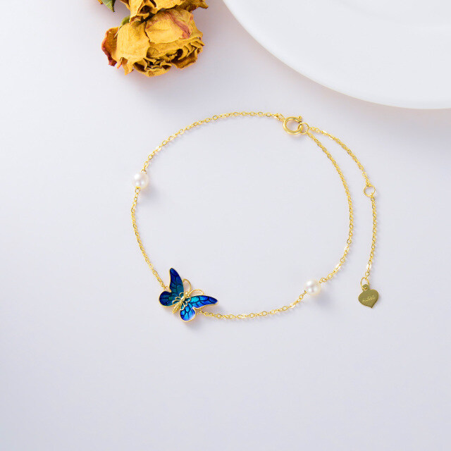 Bracelet en or 14K avec pendentif papillon bleu et perle-2