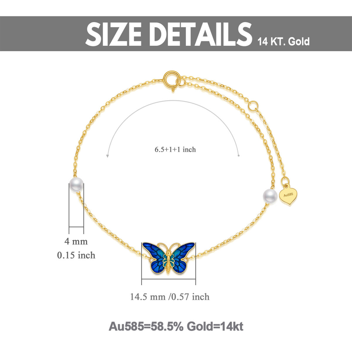 Bracelet en or 14K avec pendentif papillon bleu et perle-6