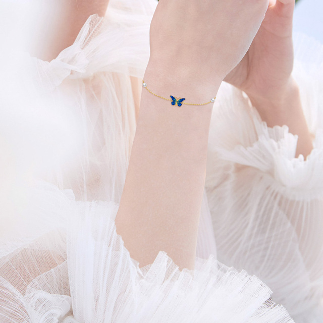 Bracelet en or 14K avec pendentif papillon bleu et perle-1