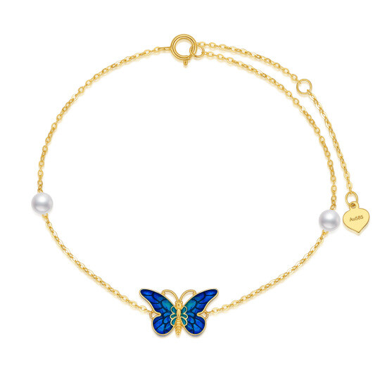 Bracelet en or 14K avec pendentif papillon bleu et perle