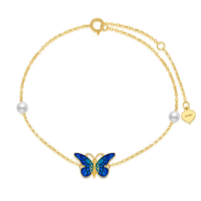 14K Gold Perle Blau Schmetterling Anhänger Armband-0