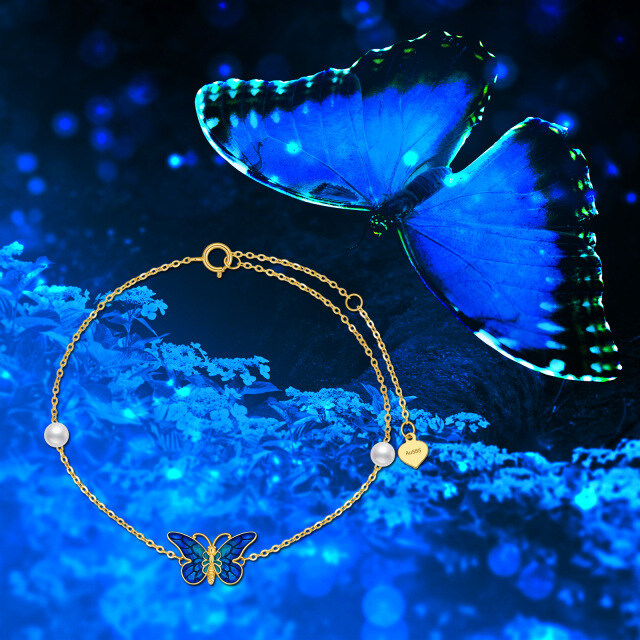 14K Gold Perle Blau Schmetterling Anhänger Armband-4