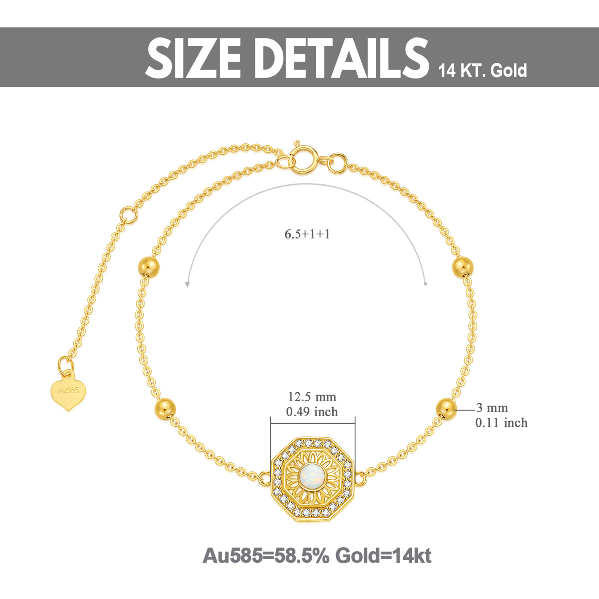 Bracelet en or 14K avec pendentif tournesol en opale de forme circulaire-5