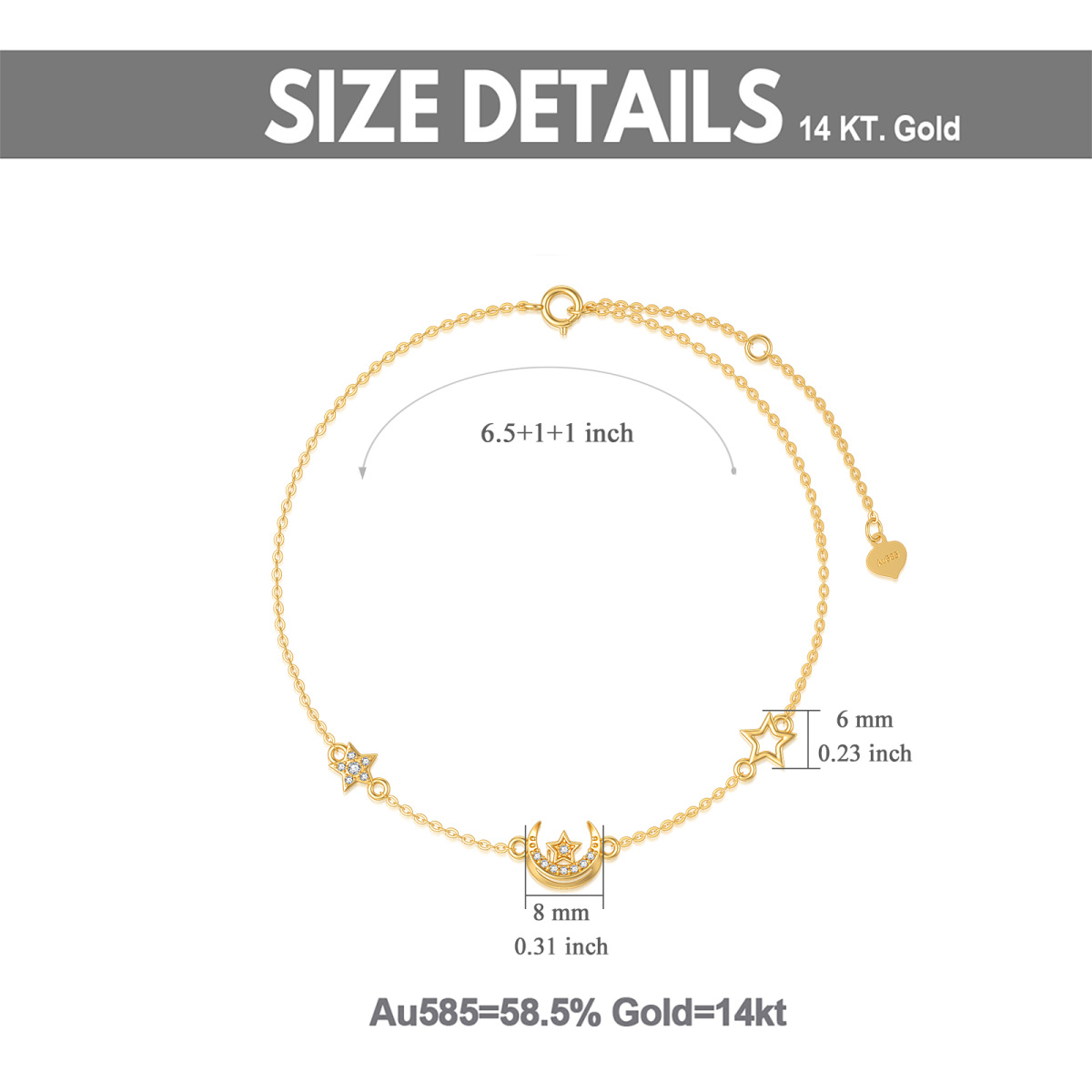 Bracelet pendentif pentagramme lune en zircon plaqué or jaune 14 carats-5