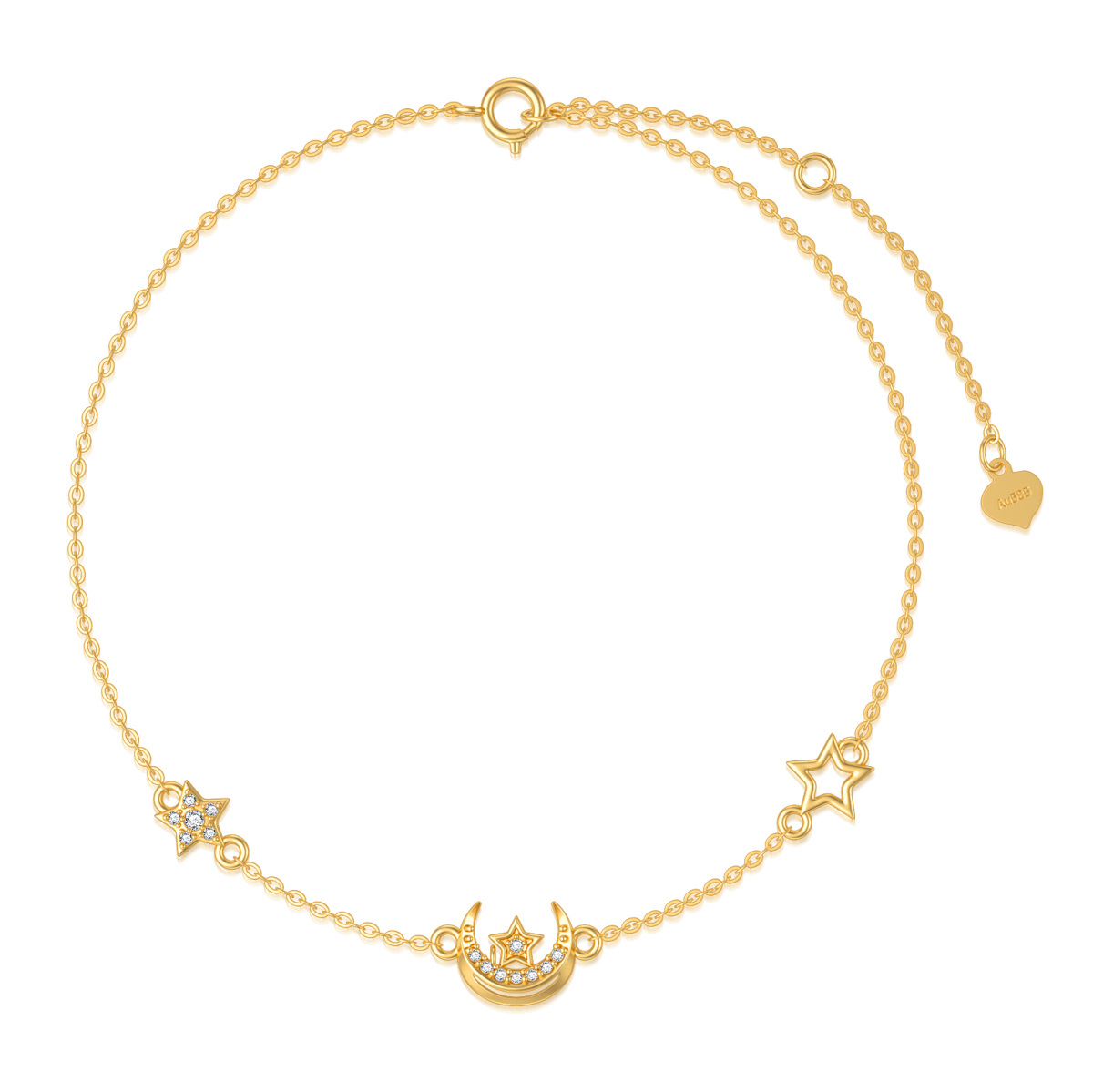 14K Yellow Gold Plated Zircon Moon & Pentagram Pendant Bracelet-1