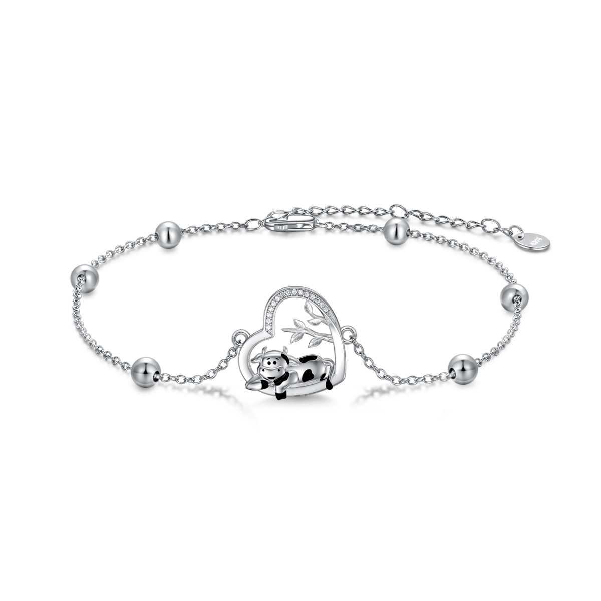 Pulsera de plata de ley con forma circular de zirconia cúbica Vaca y colgante de corazón-1