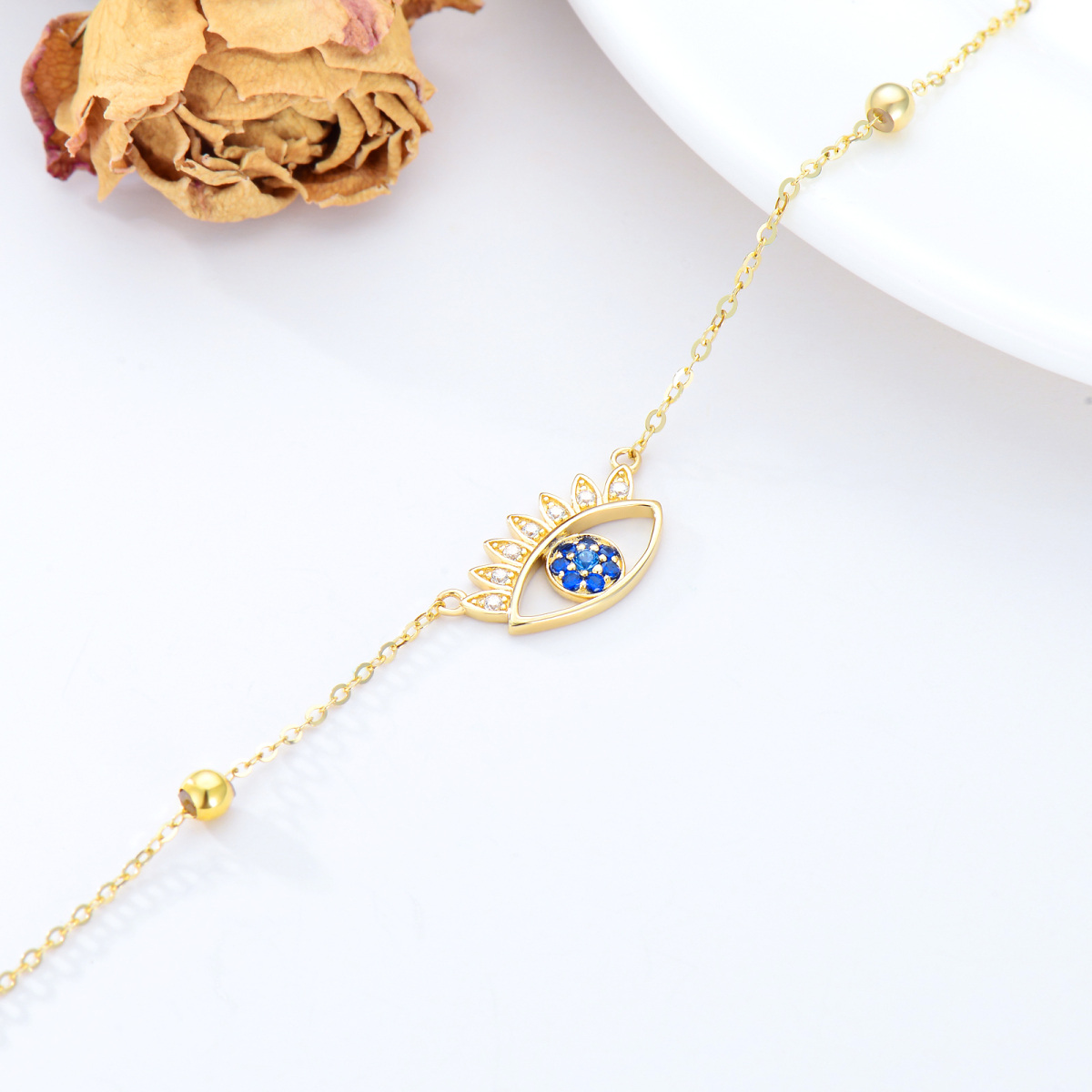 14K Gold Cubic Zirconia Evil Eye Pendant Bracelet-5