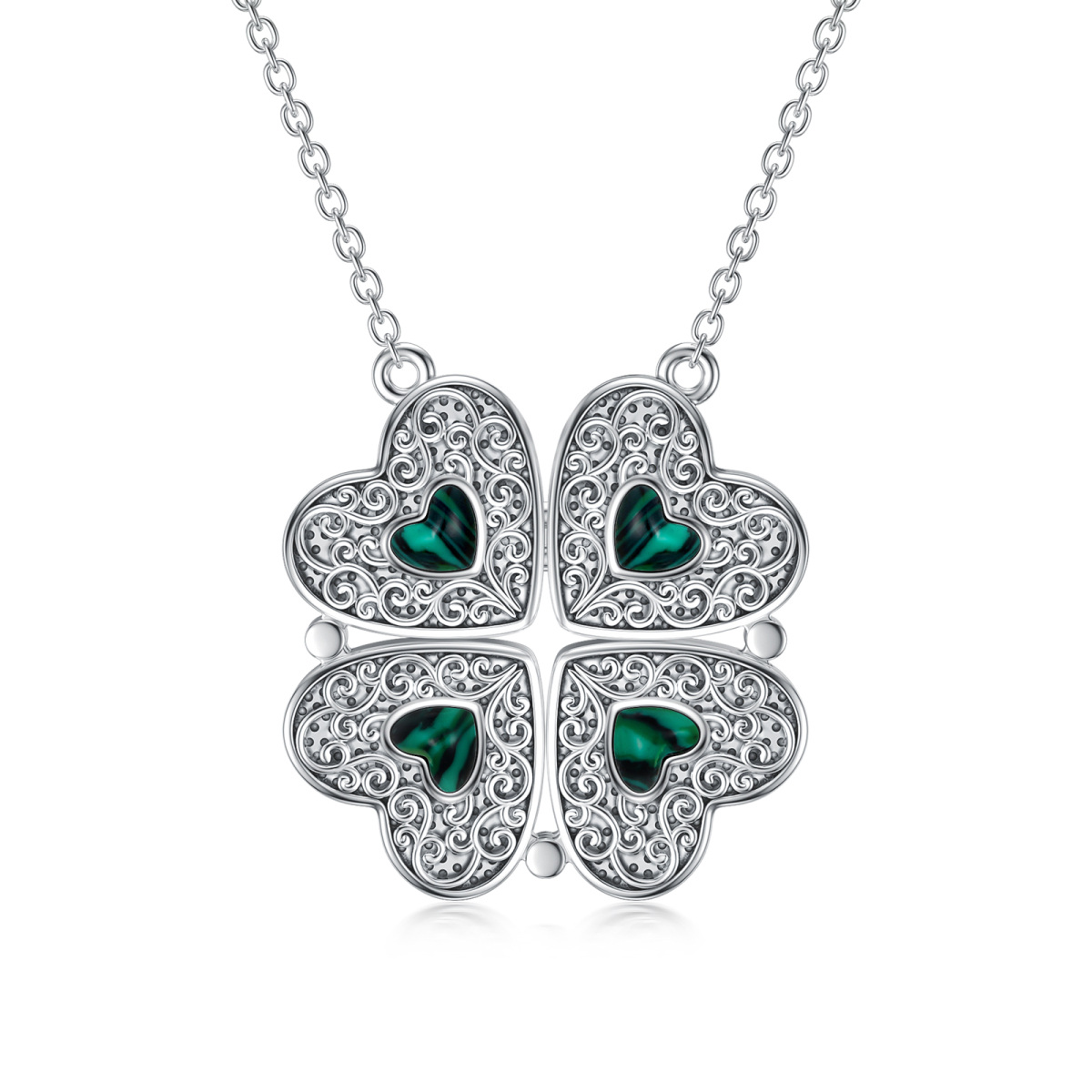Sterling Silver Malachite Four Leaf Clover & Heart Pendant Necklace-1