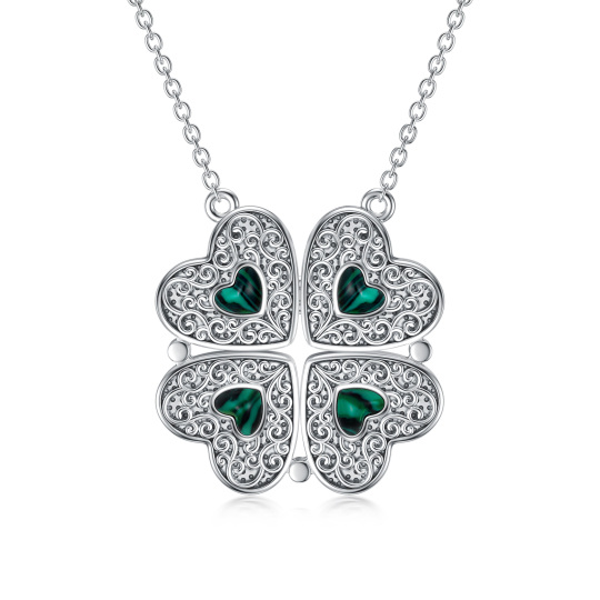 Sterling Silver Malachite Four Leaf Clover & Heart Pendant Necklace