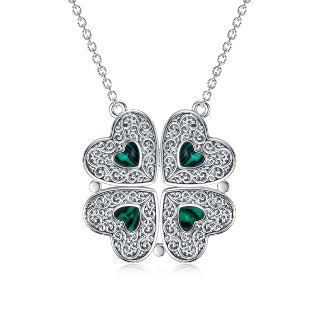 Sterling Silver Malachite Four Leaf Clover & Heart Pendant Necklace-0