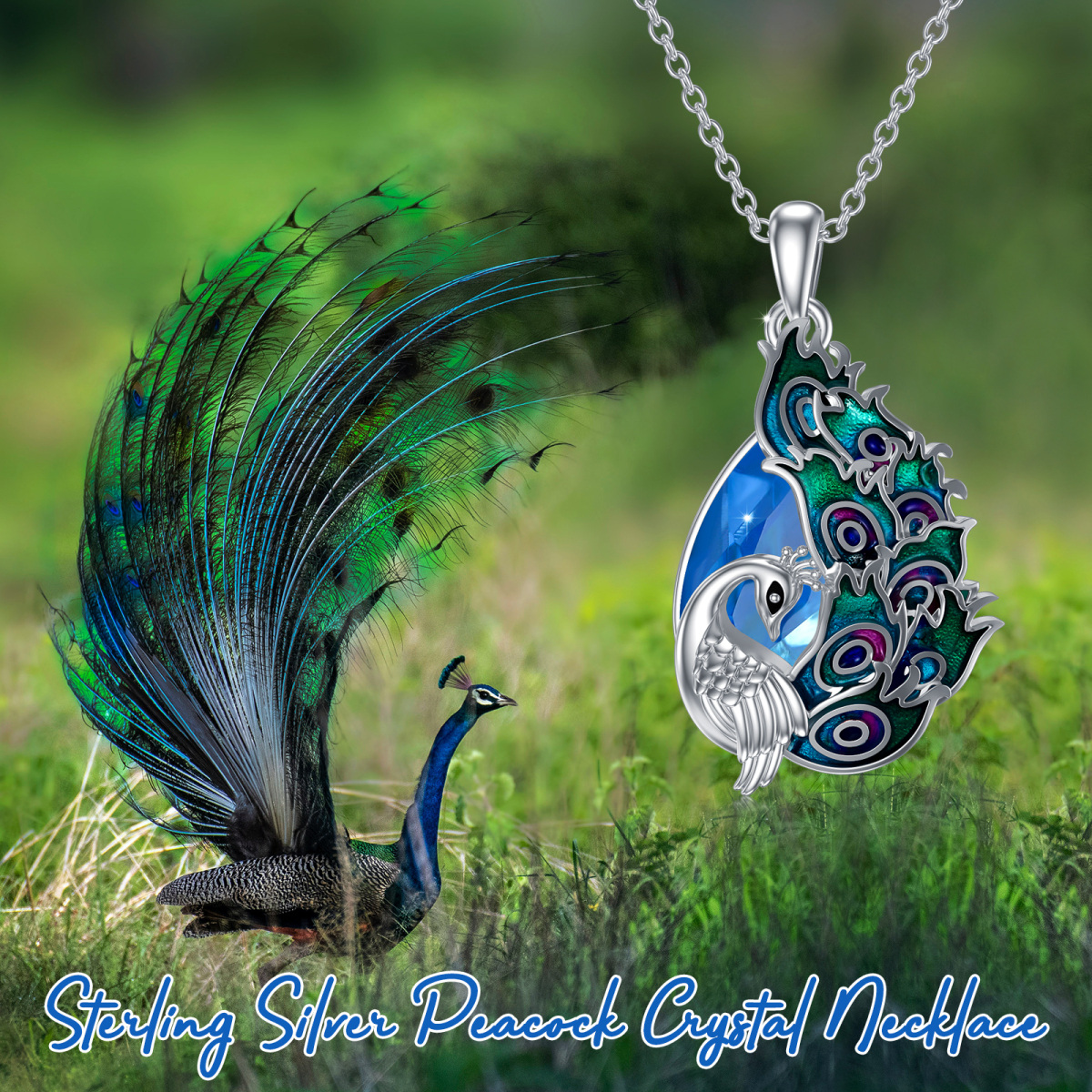 Sterling Silver Glazed Peacock Blue Crystal Pendant Necklace-5