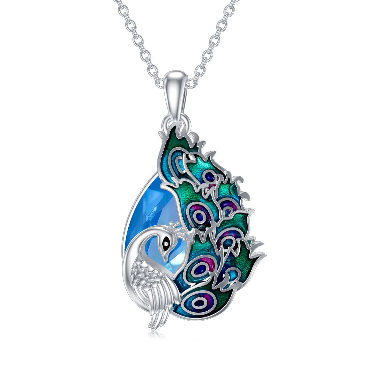 Sterling Silver Glazed Peacock Blue Crystal Pendant Necklace-1