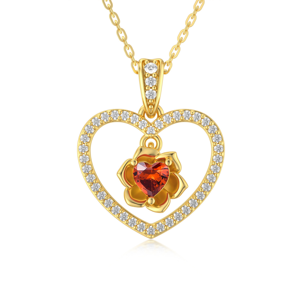 14K Gold Heart Shaped Cubic Zirconia Rose & Heart Pendant Necklace-1