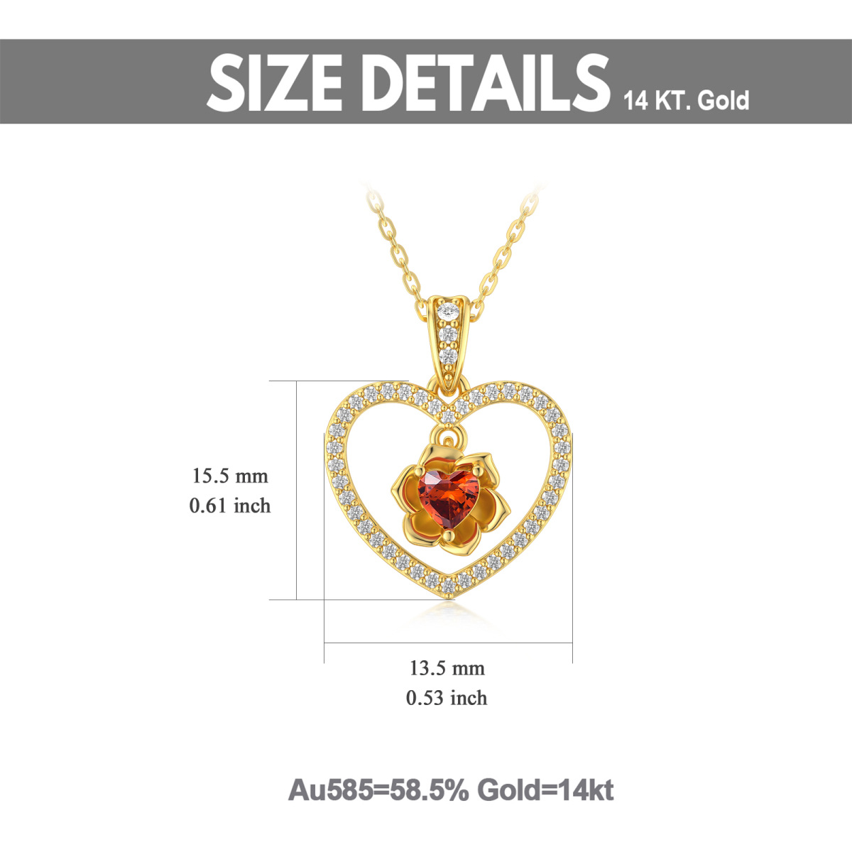 14K Gold Heart Shaped Cubic Zirconia Rose & Heart Pendant Necklace-5