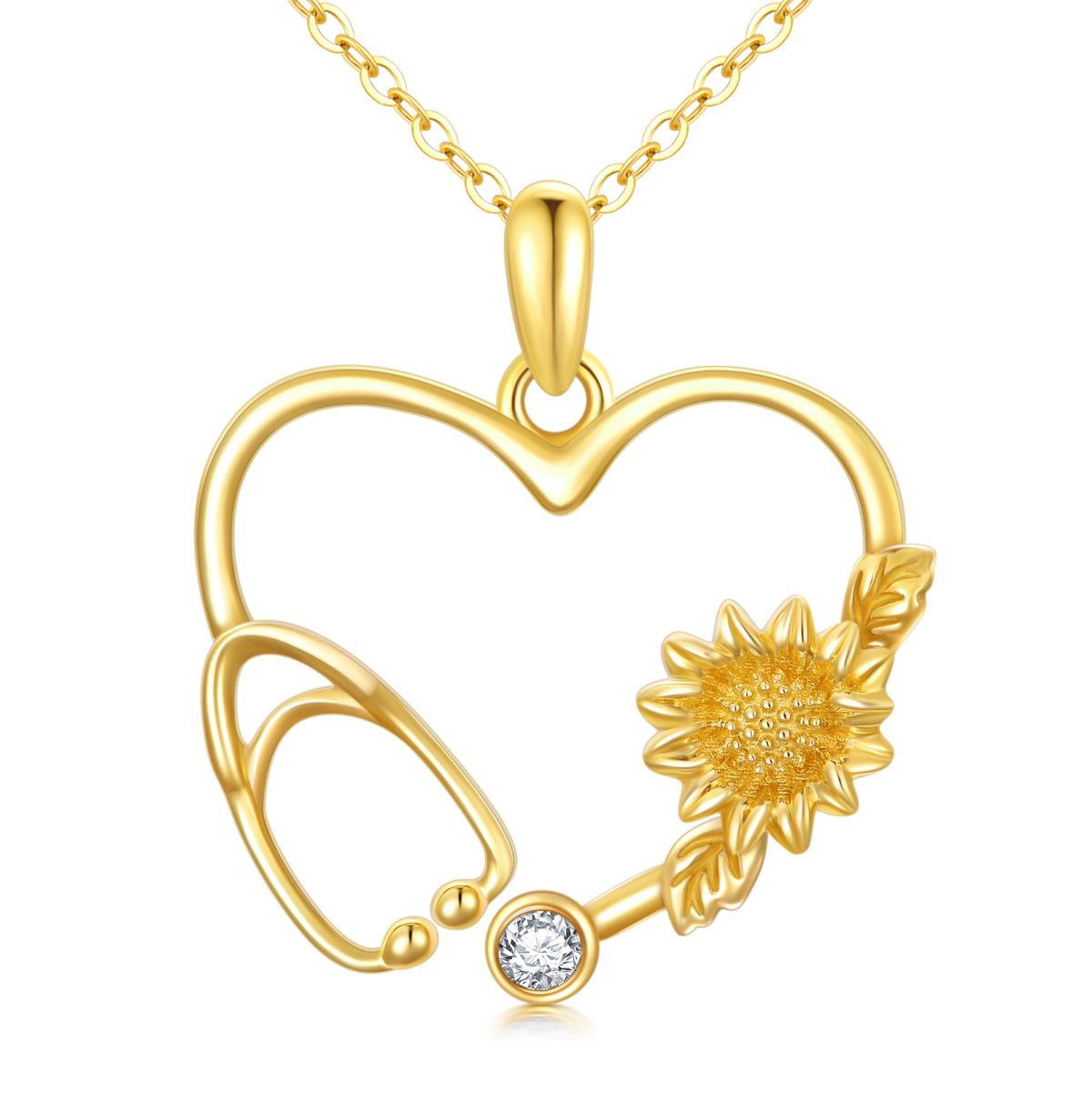14K Gold Moissanite Sunflower & Heart & Stethoscope Pendant Necklace-1