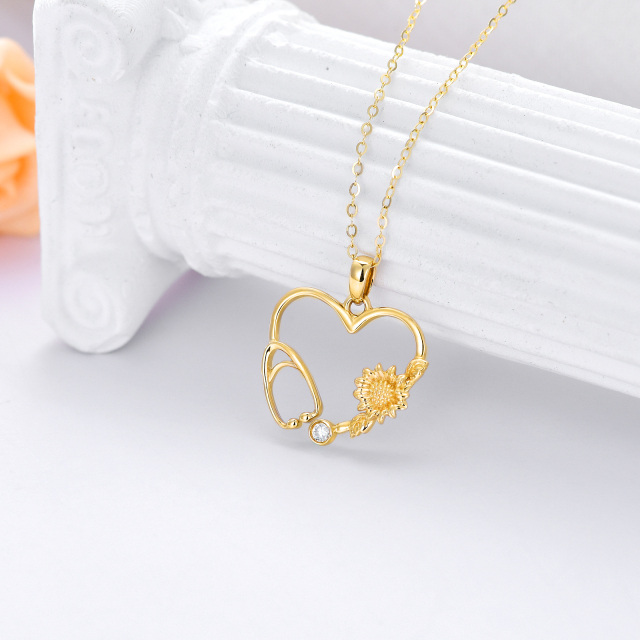 14K Gold Moissanite Sunflower & Heart & Stethoscope Pendant Necklace-2