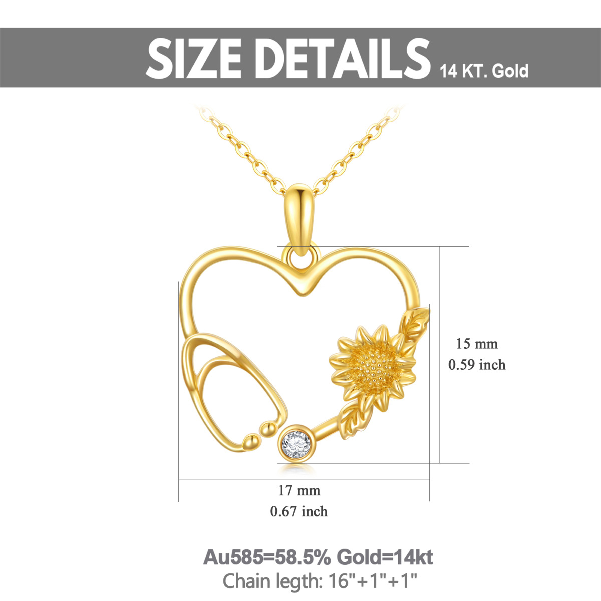 14K Gold Moissanit Sonnenblume & Herz & Stethoskop Anhänger Halskette-5