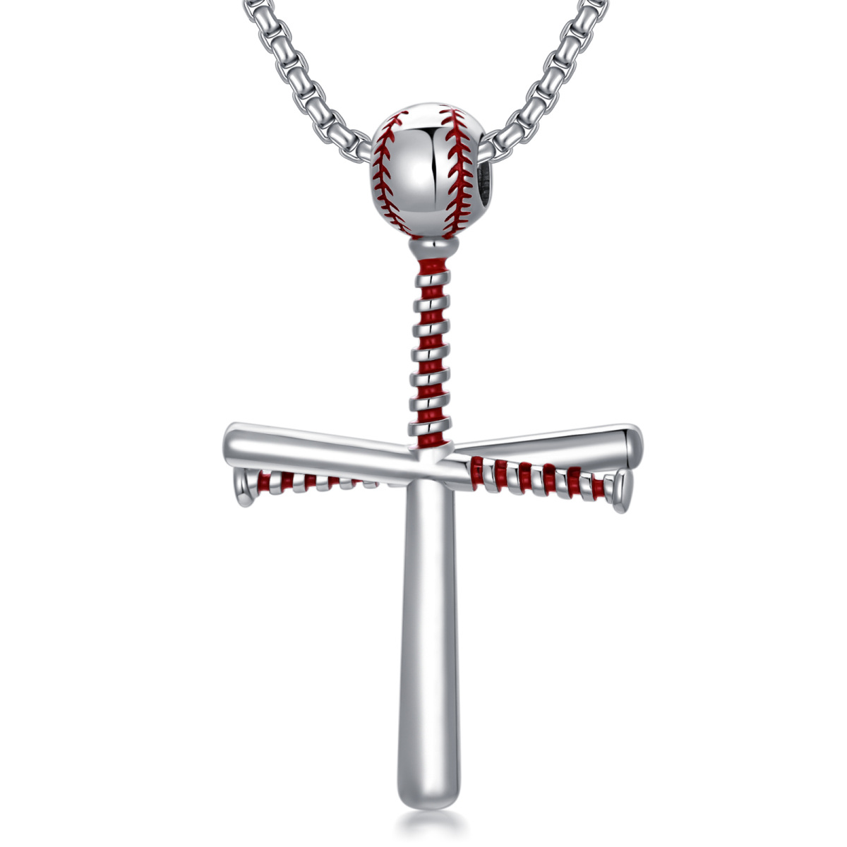 Sterling Silver Baseball & Cross Pendant Necklace-1