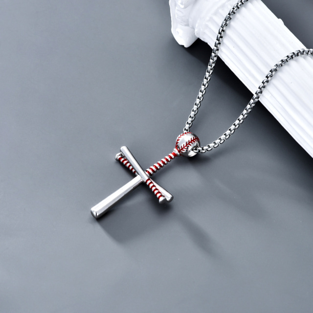 Sterling Silver Baseball & Cross Pendant Necklace-2