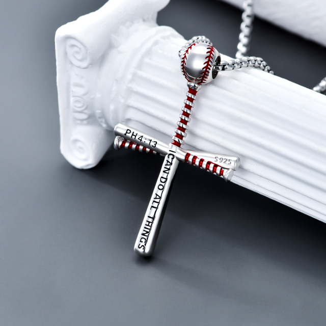 Sterling Silver Baseball & Cross Pendant Necklace-3