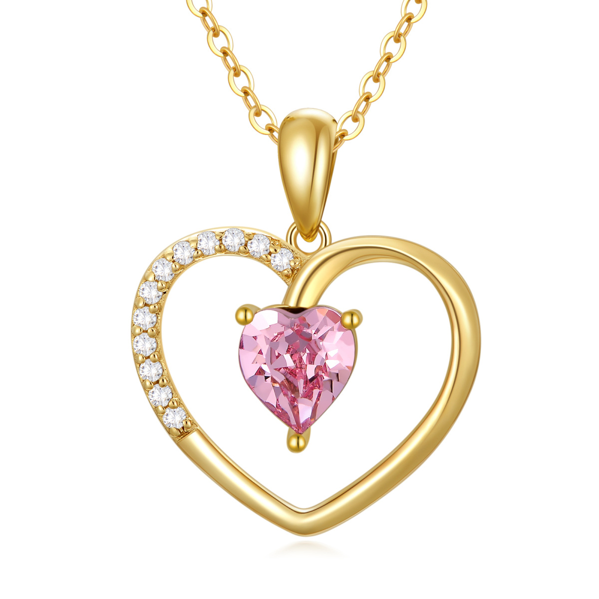 14K Gold Heart Shaped Crystal Heart Pendant Necklace-1