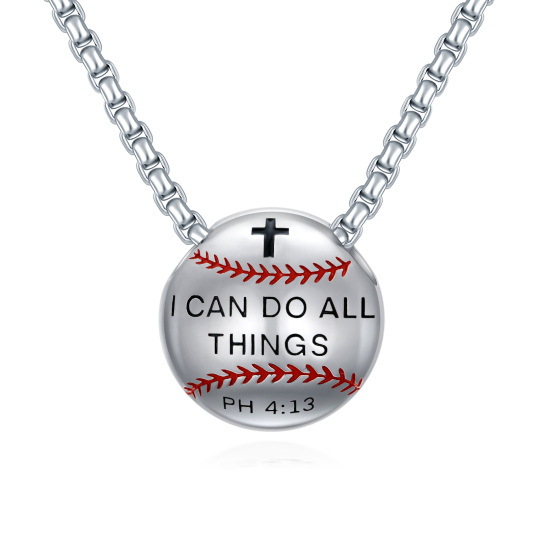 Collar de plata de ley con colgante en forma de cruz de béisbol grabado You Can Do All Things