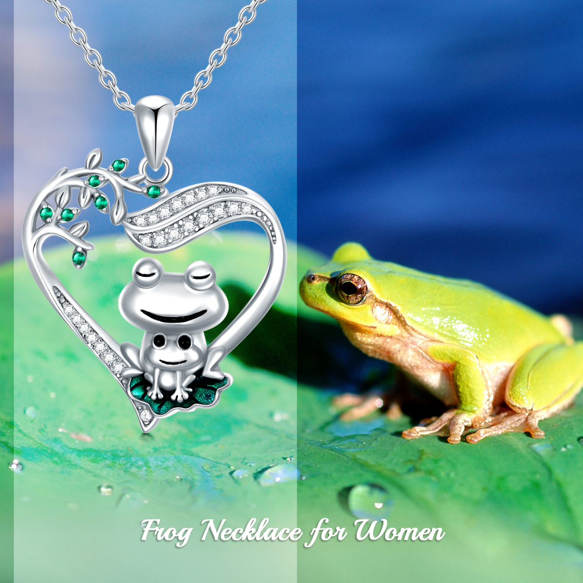 Sterling Silver Circular Shaped Cubic Zirconia Frog & Heart Pendant Necklace-6