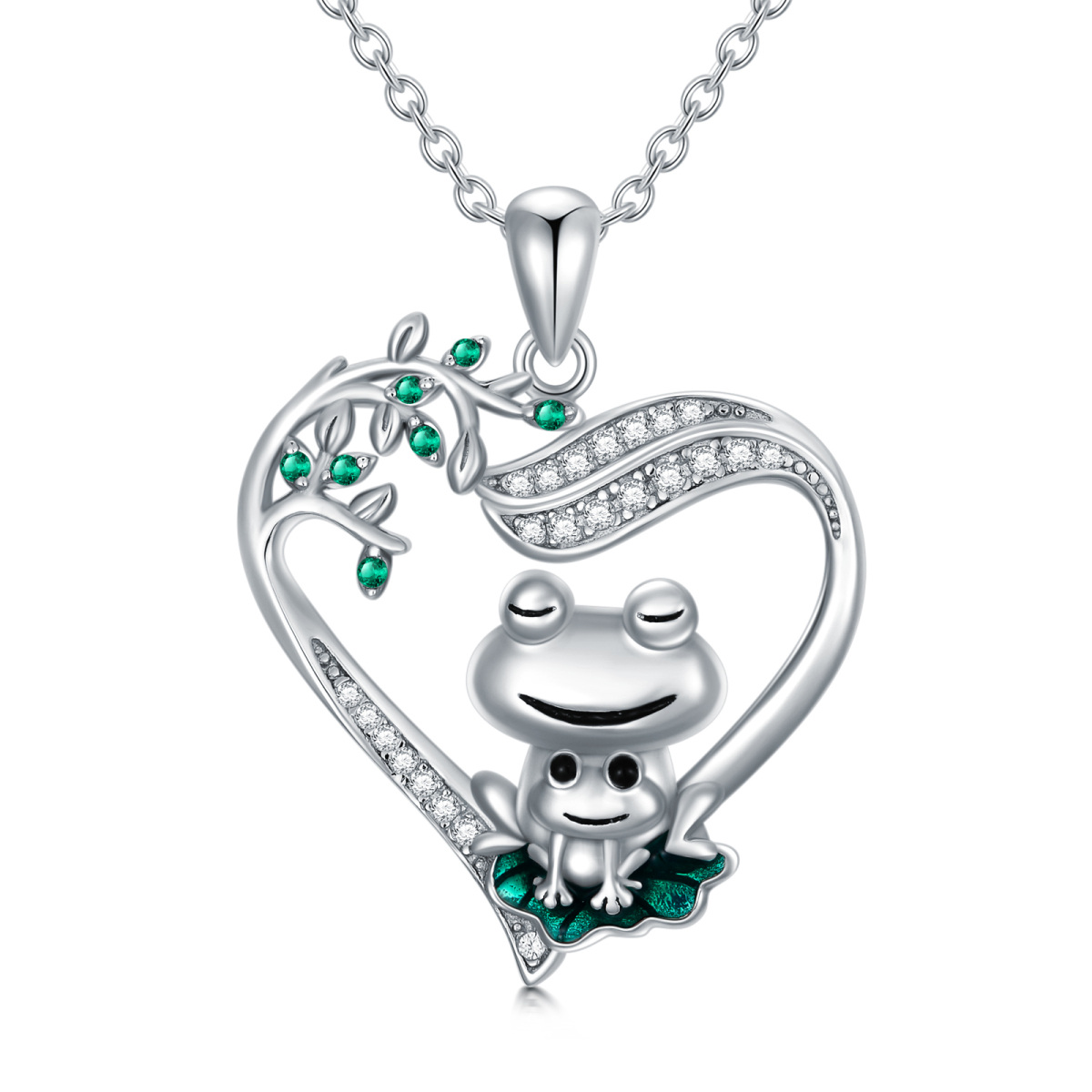 Sterling Silver Circular Shaped Cubic Zirconia Frog & Heart Pendant Necklace-1