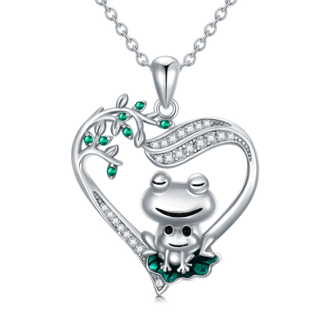 Sterling Silver Circular Shaped Cubic Zirconia Frog & Heart Pendant Necklace-0