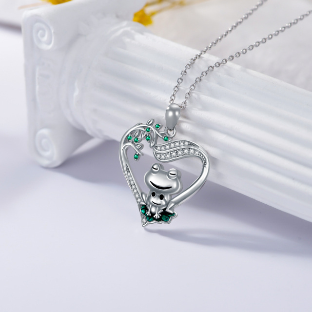 Sterling Silver Circular Shaped Cubic Zirconia Frog & Heart Pendant Necklace-2