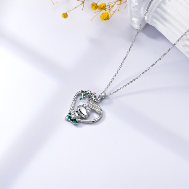 Sterling Silver Circular Shaped Cubic Zirconia Frog & Heart Pendant Necklace-3