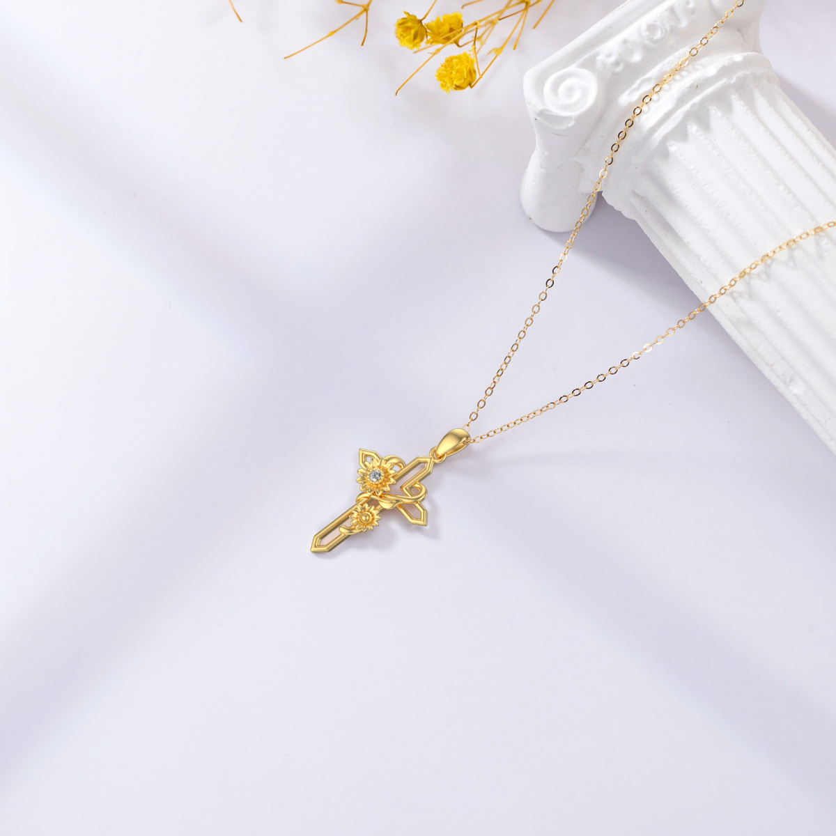 14K Gold Cubic Zirkonia Sonnenblume & Kreuz Anhänger Halskette-4