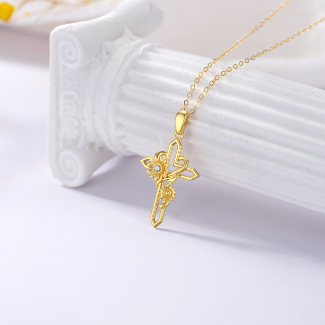 14K Gold Cubic Zirconia Sunflower & Cross Pendant Necklace-2
