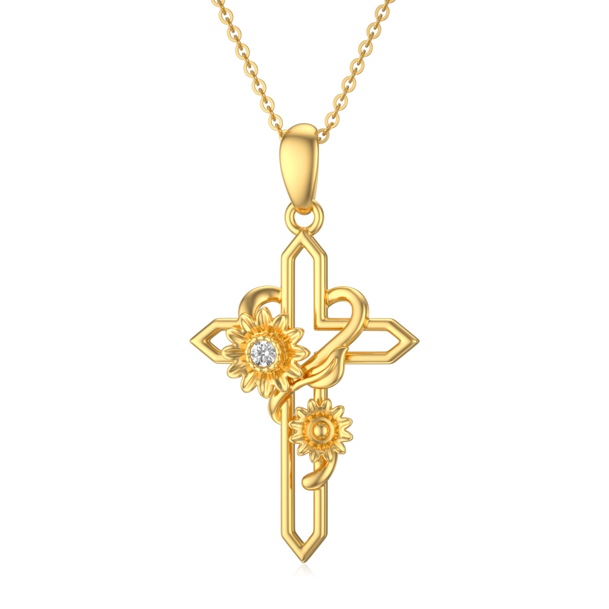 14K Gold Cubic Zirconia Sunflower & Cross Pendant Necklace-1