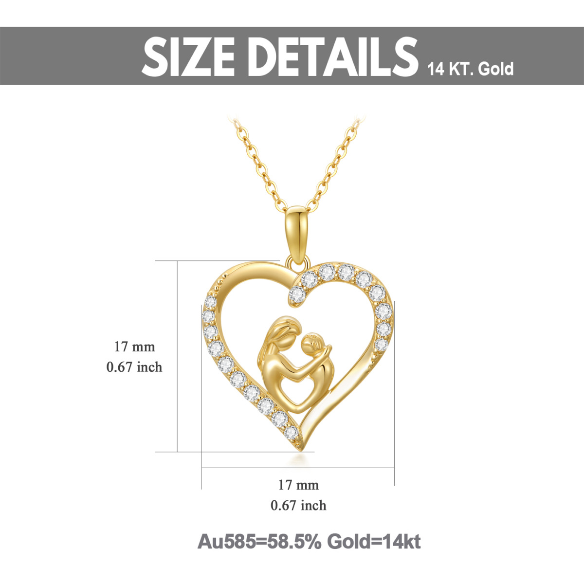 14K Gold Cubic Zirconia Mom Hug Kids Heart Pendant Necklace-5