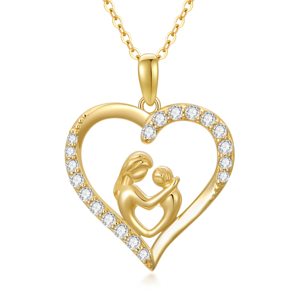 14K Gold Cubic Zirconia Mom Hug Kids Heart Pendant Necklace-1